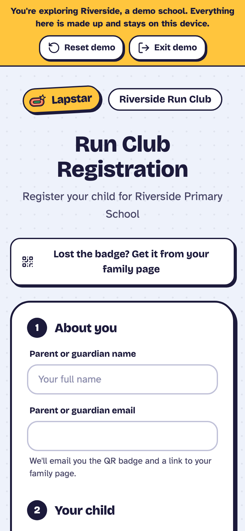 The Lapstar family registration form on a phone